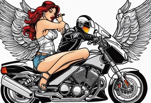 Sexy, feminine, gangster girl pointing a 32 cal. Gun 1 hand & lighting a cig w the other angel/devil, relaxing on a cbr600rr silver, tattoo idea