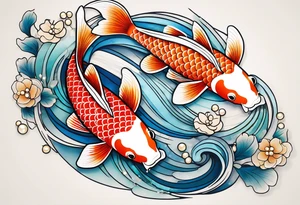 koi fish with a little narrow body, elongated fins, trimmed with pearls, ginko leaves around, minimal color, gradient lines tattoo idea