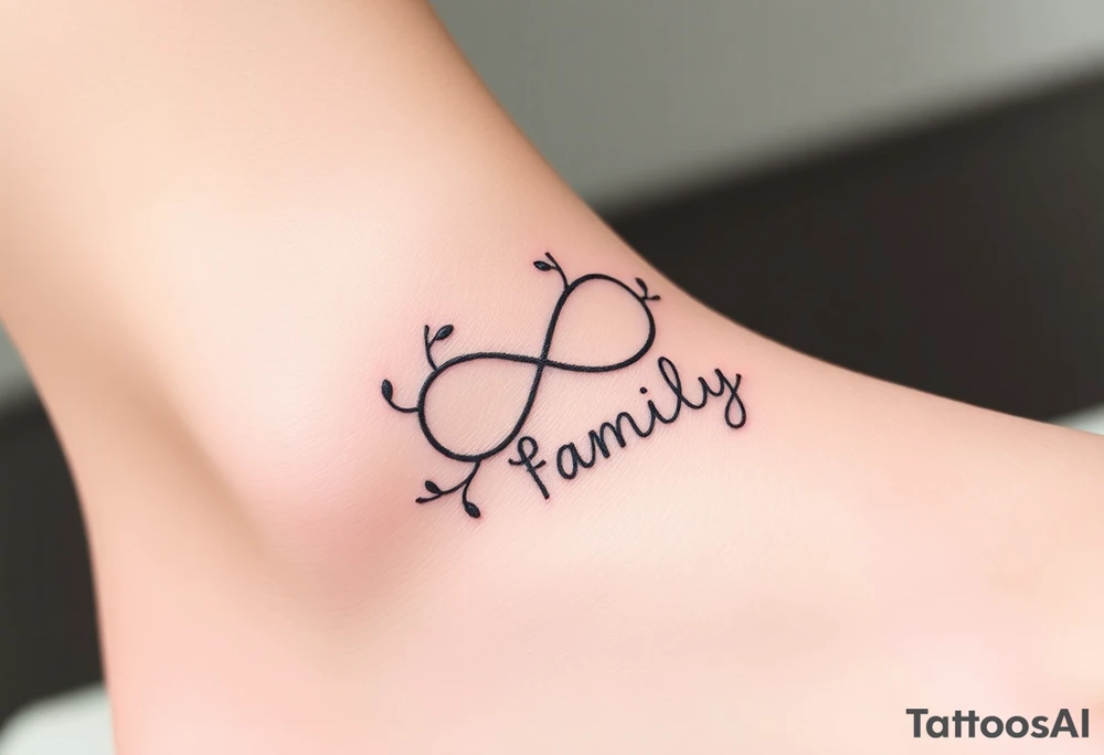 A delicate infinity symbol with intertwined vines, wrapped around the word "family," tattoo idea