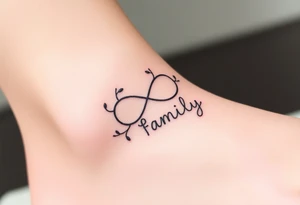 A delicate infinity symbol with intertwined vines, wrapped around the word "family," tattoo idea