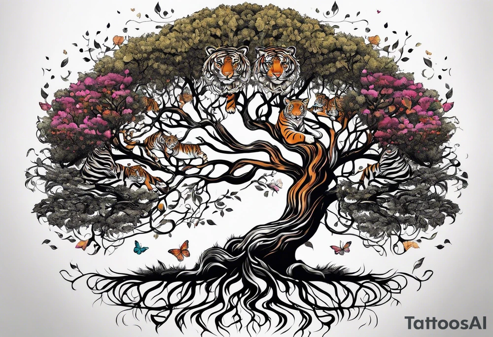 Tree of life with the roots going into a tigers stripes tattoo idea