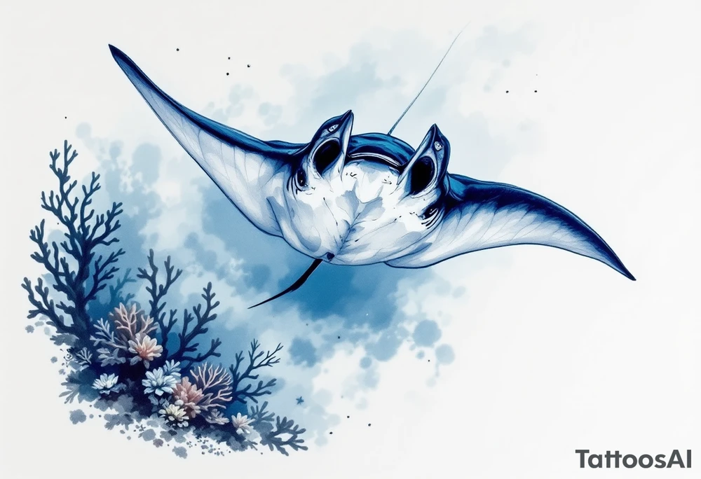 Manta ray swimming, coral reef bellow for forearm tattoo idea