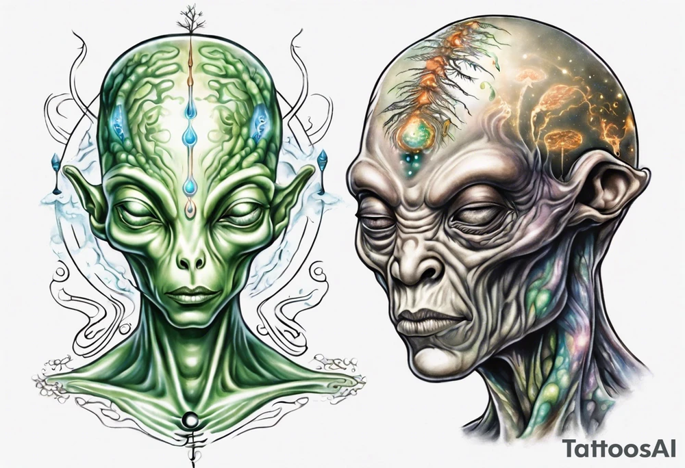 A realistic depiction of a meditating alien and energy flowing from their pineal gland tattoo idea