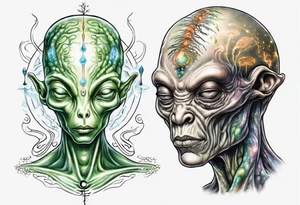 A realistic depiction of a meditating alien and energy flowing from their pineal gland tattoo idea