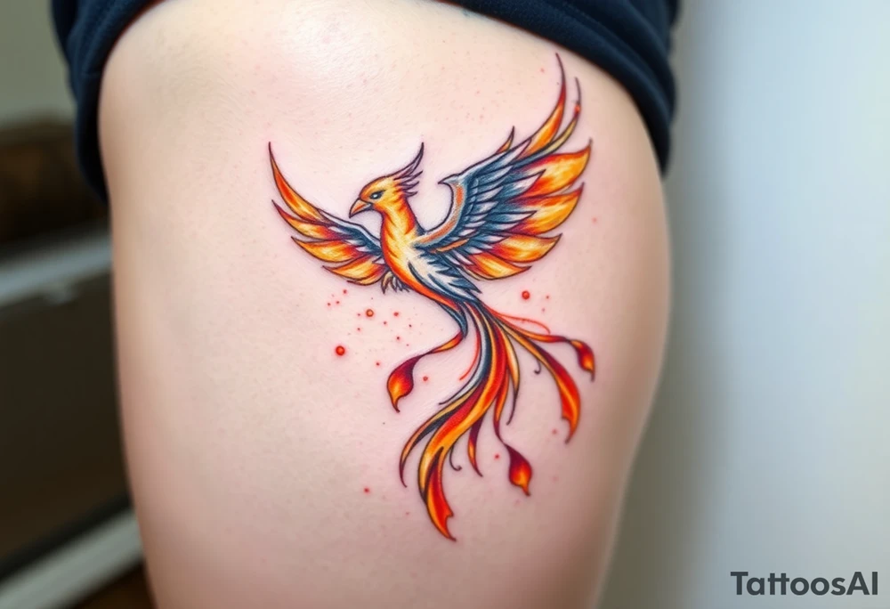 magnificent phoenix rising from golden flames with trailing embers tattoo idea