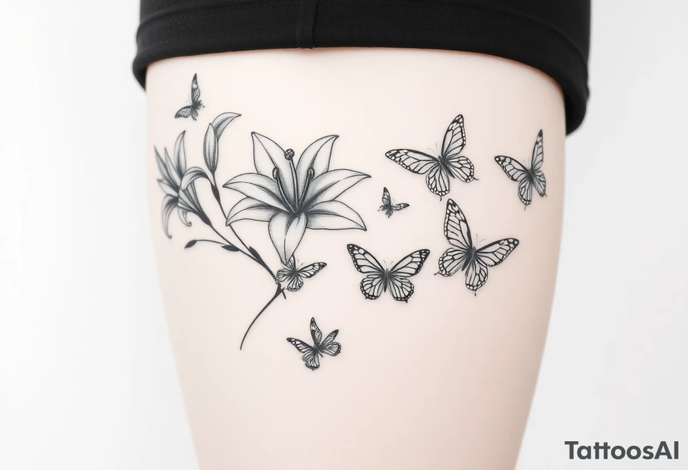 5 to 7 lily blooms in a natural stager with 2 that have petals floating off that gradually dissolve into butterflies in various stages of flight tattoo idea