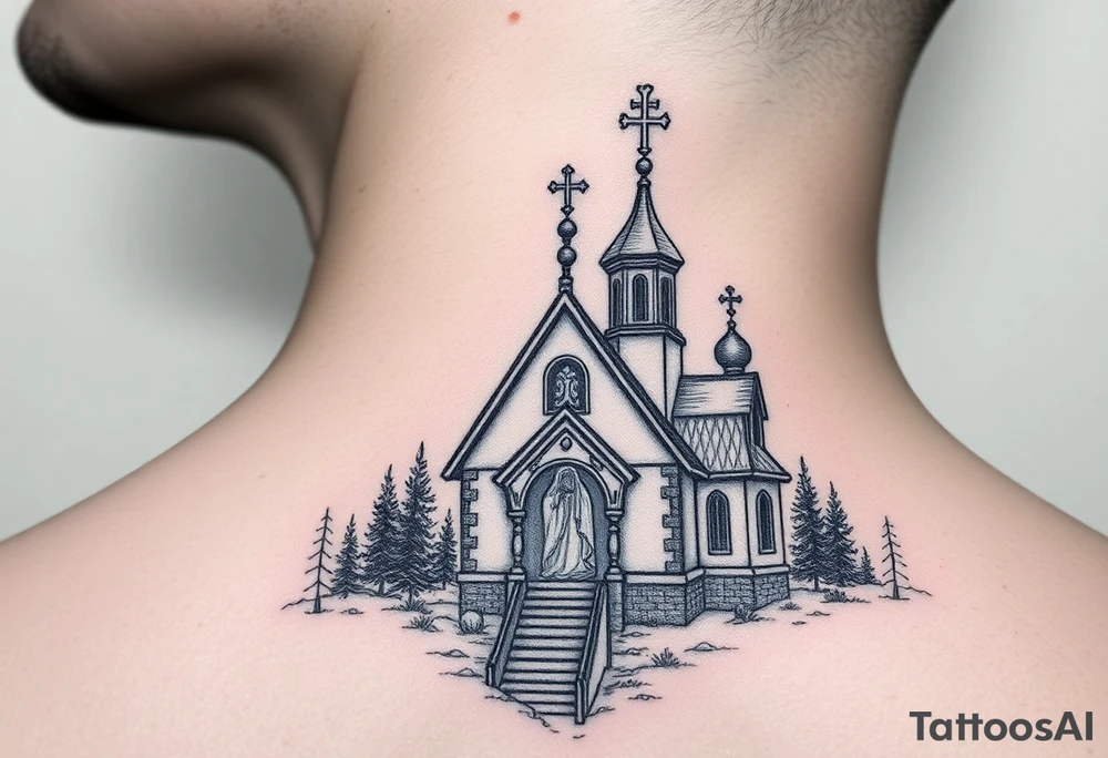 Traditional russian orthodox church in a wilderness setting with a prominent orthodox style virgin mary tattoo idea