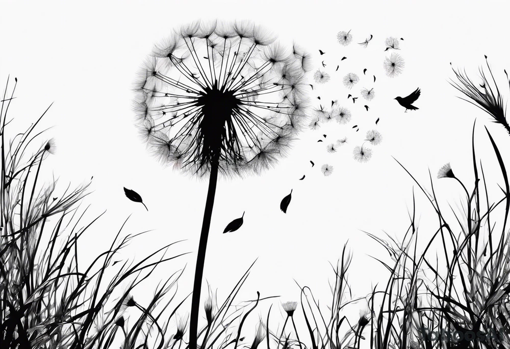 Dandelion with its ligules blowing away, a few legs are tiny hearts, the girls turn into a little bird, flying away to its future tattoo idea