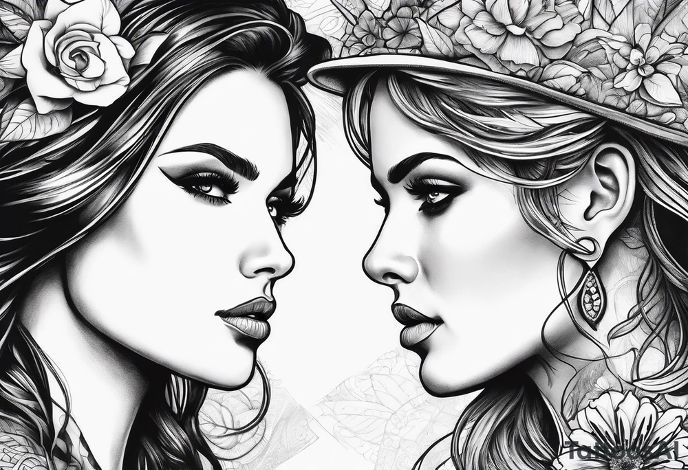 nice woman vs bad woman faces looking into each others eyes tattoo idea