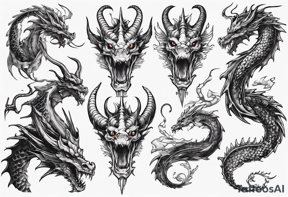 long dragon with horns, mane, scales tattoo idea