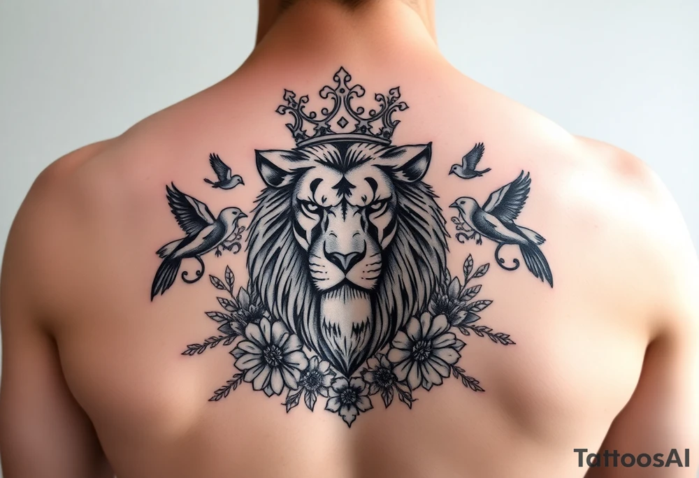 powerful majestic lion with a crown, surrounded by floral ornaments and birds tattoo idea