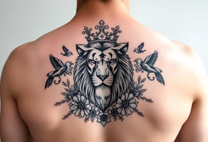 powerful majestic lion with a crown, surrounded by floral ornaments and birds tattoo idea