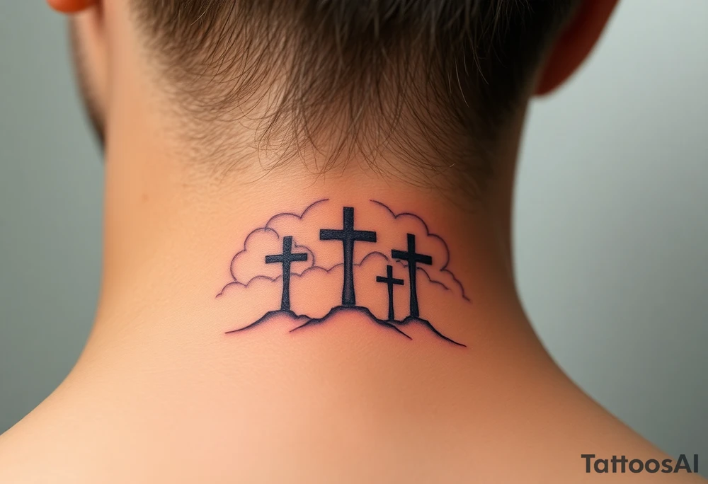 Clouds with 3 crosses fading in the background tattoo idea