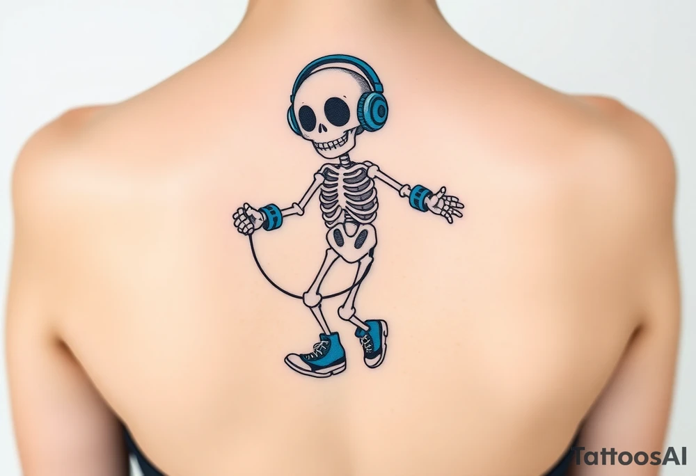Cute smiling skeleton jumping on a jump rope with blue headphone and blue tennis shoes and blue armbands with music notes tattoo idea