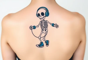 Cute smiling skeleton jumping on a jump rope with blue headphone and blue tennis shoes and blue armbands with music notes tattoo idea