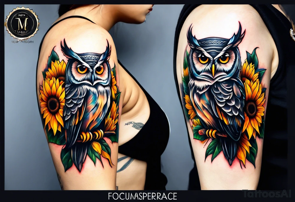 Sleeve with an owl, sunflower and butterfly tattoo idea