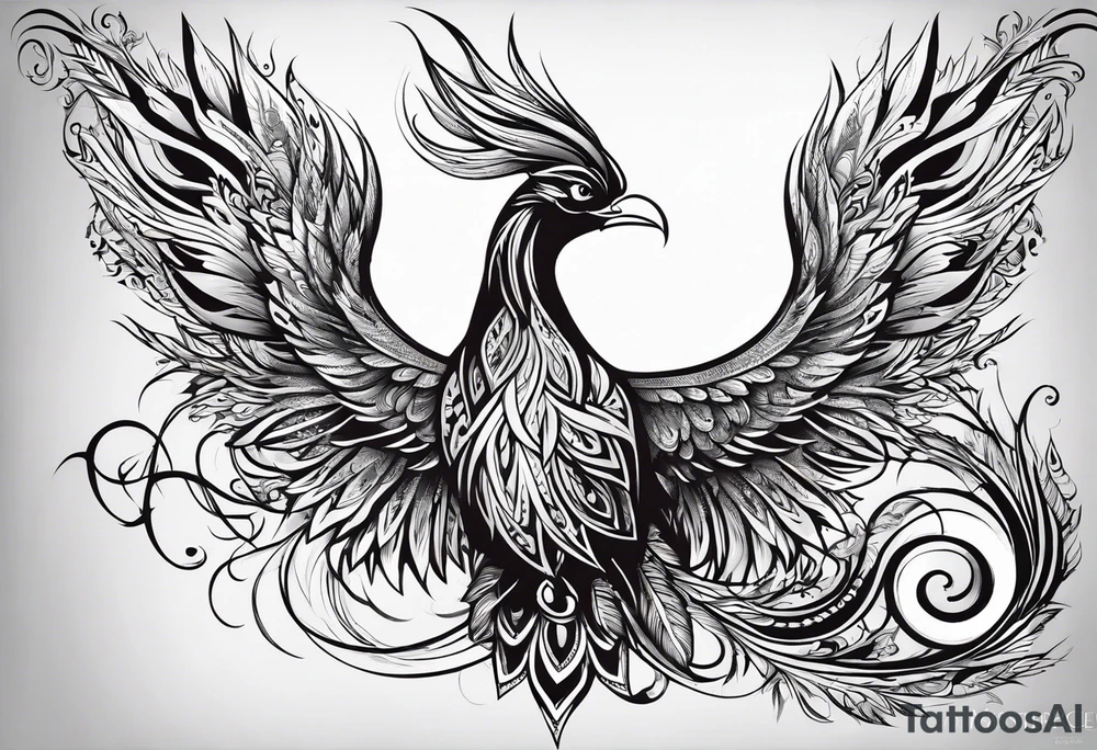 tribal pheonix with long tail curling tattoo idea
