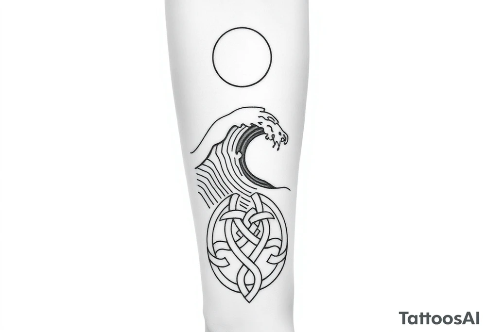 Tattoo sketch, vertical composition for forearm. Upper part: sky with moon. Middle part: stylized sea wave. Lower part: Norse knotwork ornament. Smooth transitions between sections, forming one continuous flow. Black and white line art, minimalist yet detailed, clear outlines, high contrast, stencil-ready design. tattoo idea