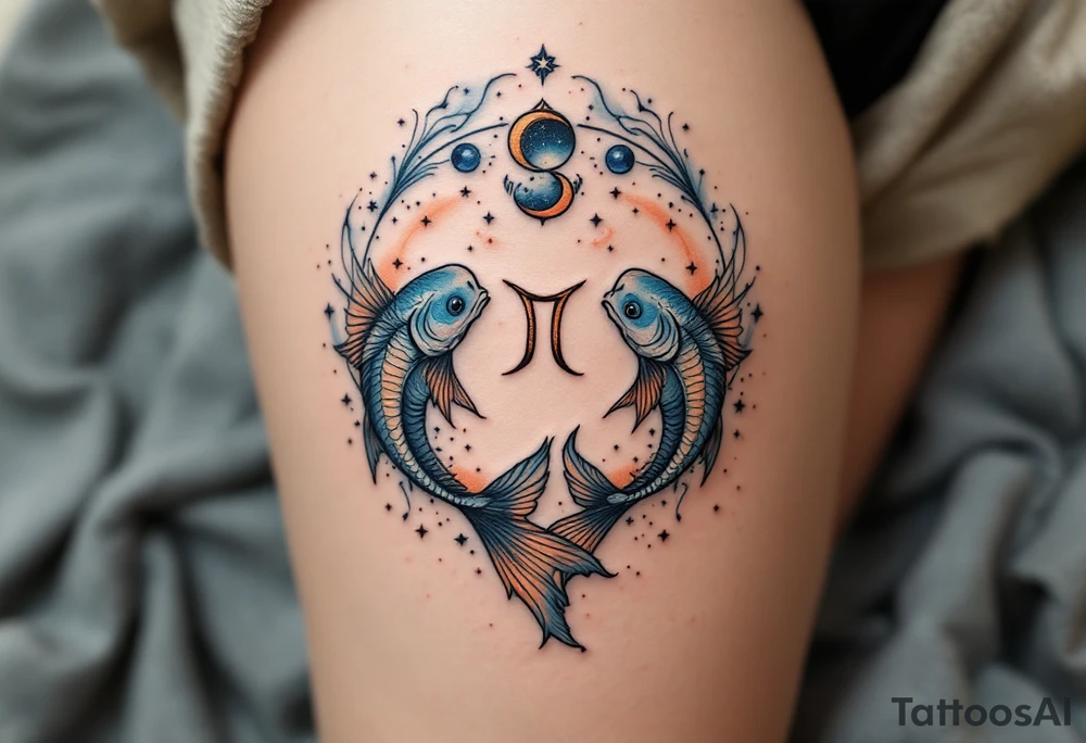 Twin fish form a circle around the Pisces star constellation with its zodiac sign in rich blues and soft peach ink. tattoo idea