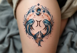 Twin fish form a circle around the Pisces star constellation with its zodiac sign in rich blues and soft peach ink. tattoo idea