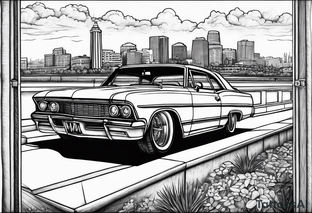 old school car parked looking into the sacramento skyline tattoo idea