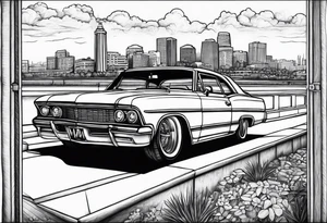 old school car parked looking into the sacramento skyline tattoo idea