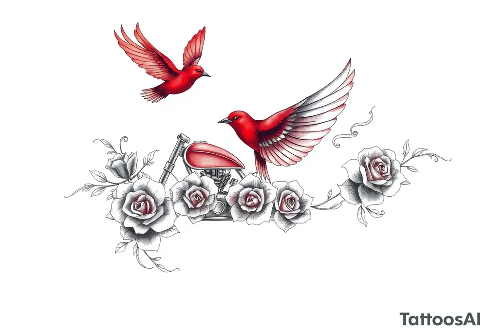Motorcycle, red bird flying, roses and lace, flames tattoo idea