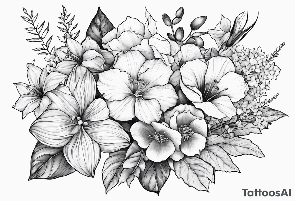Floral Bouquet with blue hydrangea,Gladiolus, Poppy,Daisy,Sweet Pea,Narcissus, Poinsettia, and Holly tattoo idea