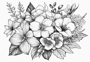 Floral Bouquet with blue hydrangea,Gladiolus, Poppy,Daisy,Sweet Pea,Narcissus, Poinsettia, and Holly tattoo idea