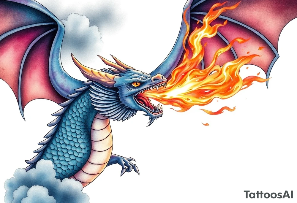 fierce dragon breathing iridescent fire against stormy skies tattoo idea