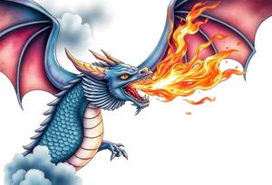 fierce dragon breathing iridescent fire against stormy skies tattoo idea
