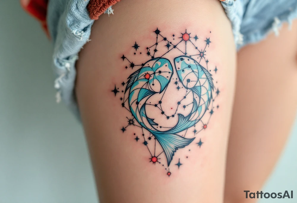 A Pisces star constellation in coral and turquoise threads its way through the Pisces sign in a mandala-style pattern. tattoo idea