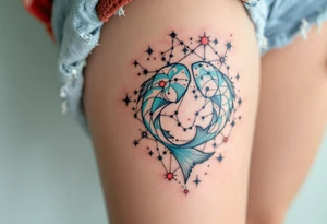 A Pisces star constellation in coral and turquoise threads its way through the Pisces sign in a mandala-style pattern. tattoo idea