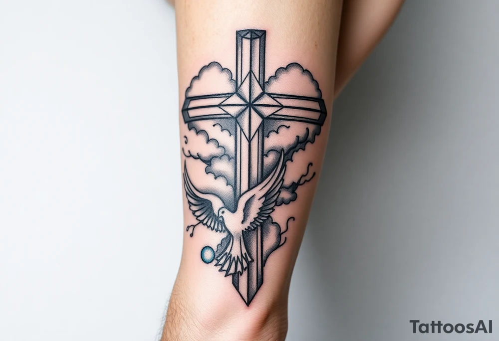 Big cross with clouds in the back with a dove a the bottom left of the forearm with a blue circle around it and the number 4 to the of the dove. tattoo idea