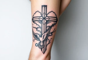 Big cross with clouds in the back with a dove a the bottom left of the forearm with a blue circle around it and the number 4 to the of the dove. tattoo idea