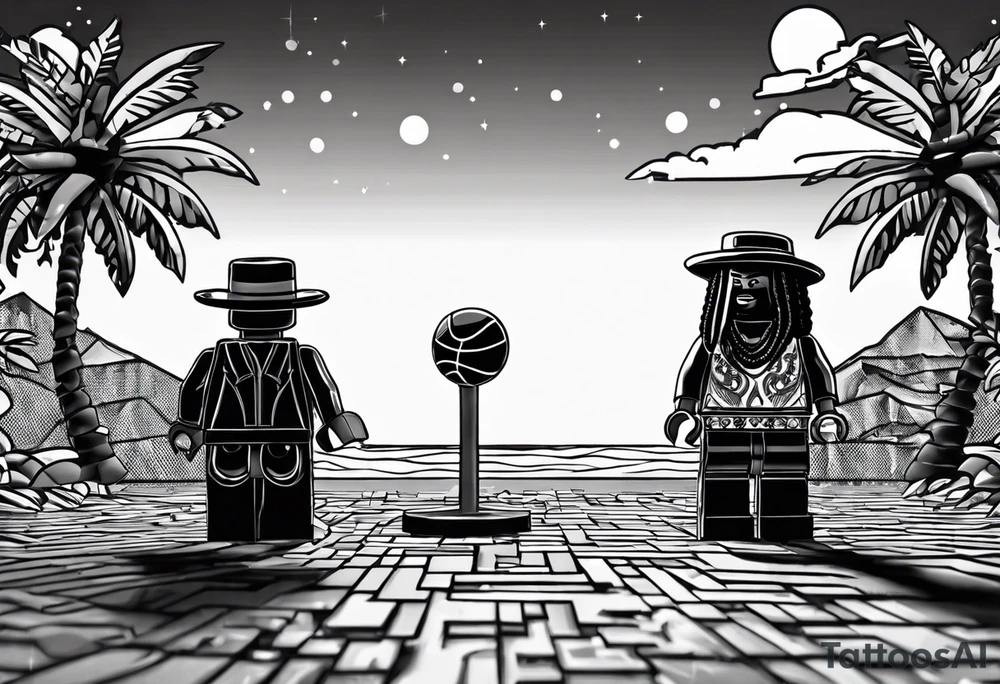 2 Lego figures in one scenery, one of them will be a Rastaman who is looking at the other one dribbling a basketball tattoo idea