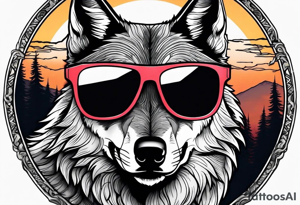 Badass wolf wearing sunglasses
Dark woods
Mountain peaks
Sunset tattoo idea