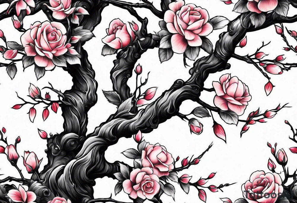 Sakura tree wrapped in roses tattoo idea