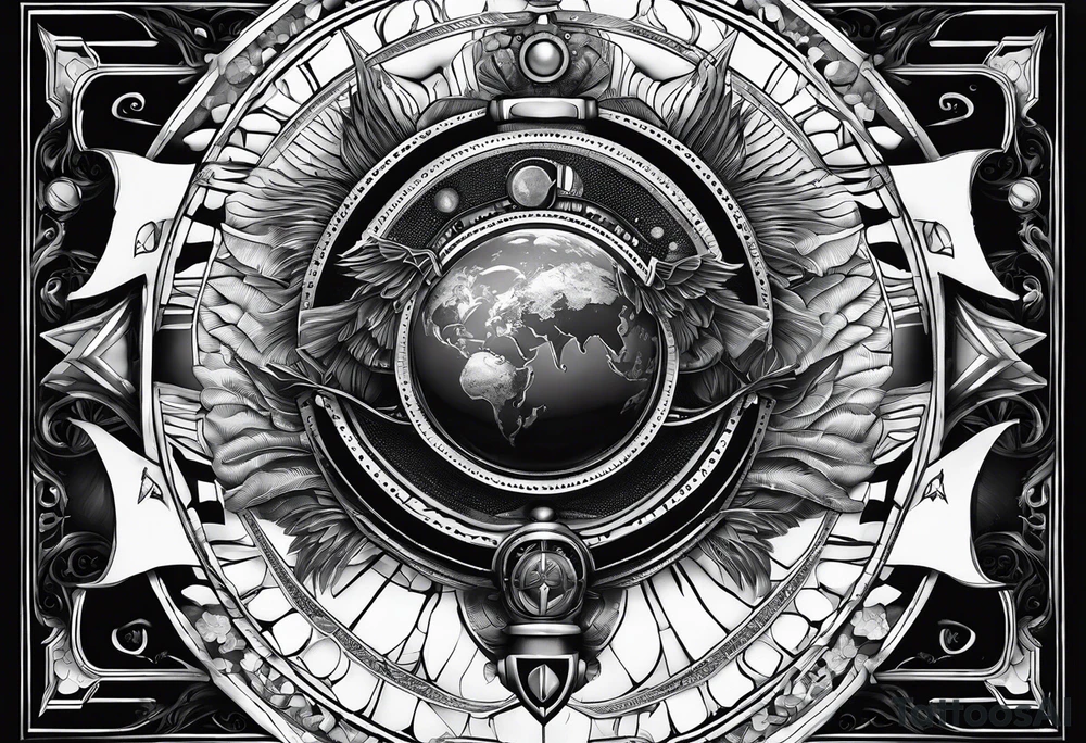 Craft an intricate black and white tattoo design inspired by the themes and imagery from Ray Bradbury's "Cosmonaut" and the poignant lyrics of Elton John's "Rocket Man." tattoo idea