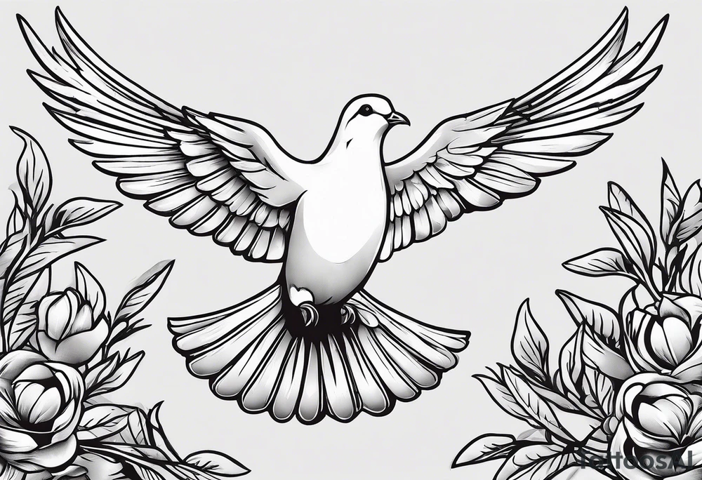 Dove soring through the air an olive branch in its beak whipping behind tattoo idea