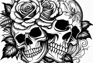 black upper arm sleeve skull rose tattoo idea
