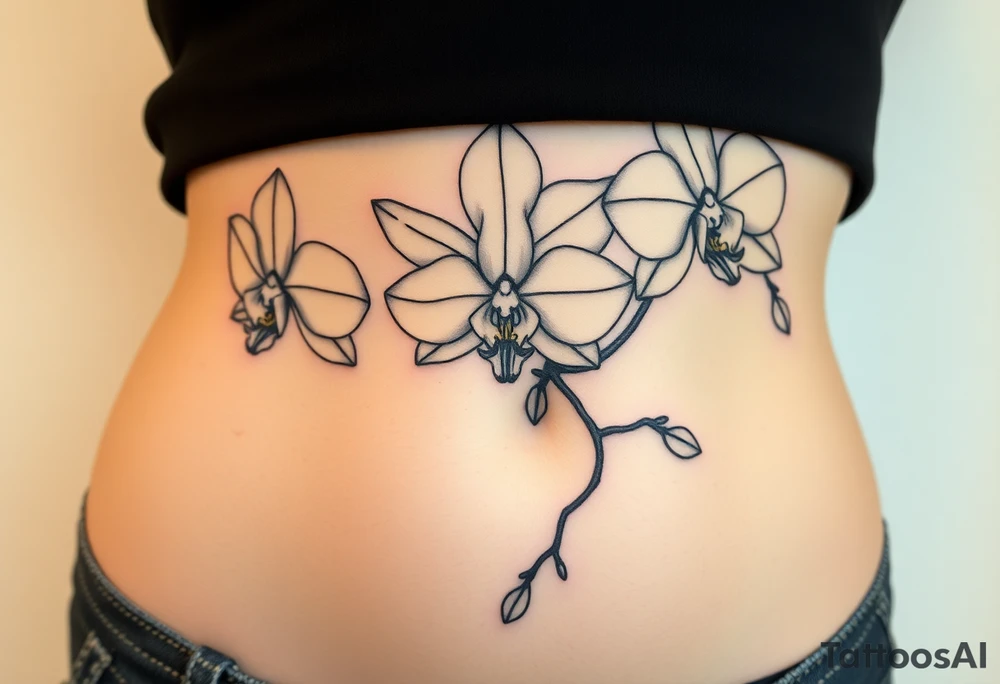 3 delicate fine line orchids realistic with a mix with vagina and branching tattoo idea