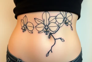 3 delicate fine line orchids realistic with a mix with vagina and branching tattoo idea