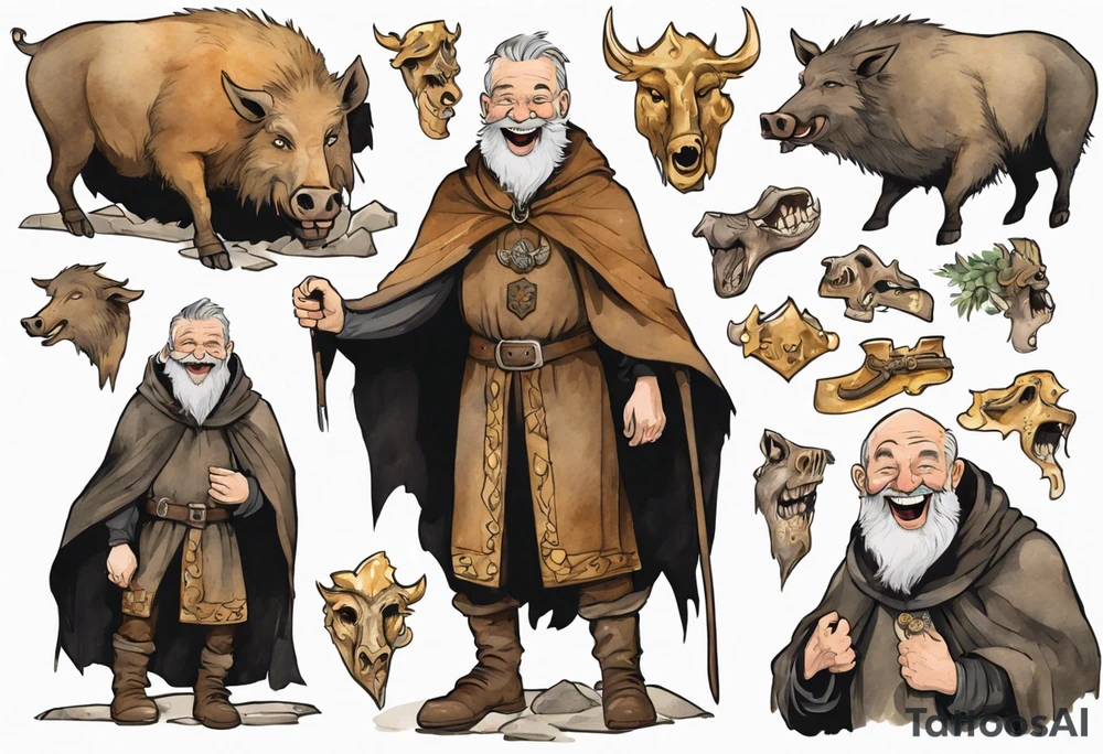 a 55-year-old medieval Nordic man with a grey beard laughing with a gold tooth wearing a brown and black cloak standing next to a boar in front of a cave tattoo idea
