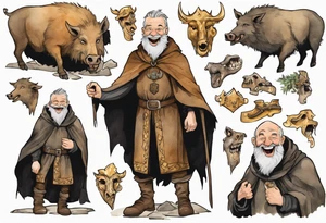 a 55-year-old medieval Nordic man with a grey beard laughing with a gold tooth wearing a brown and black cloak standing next to a boar in front of a cave tattoo idea