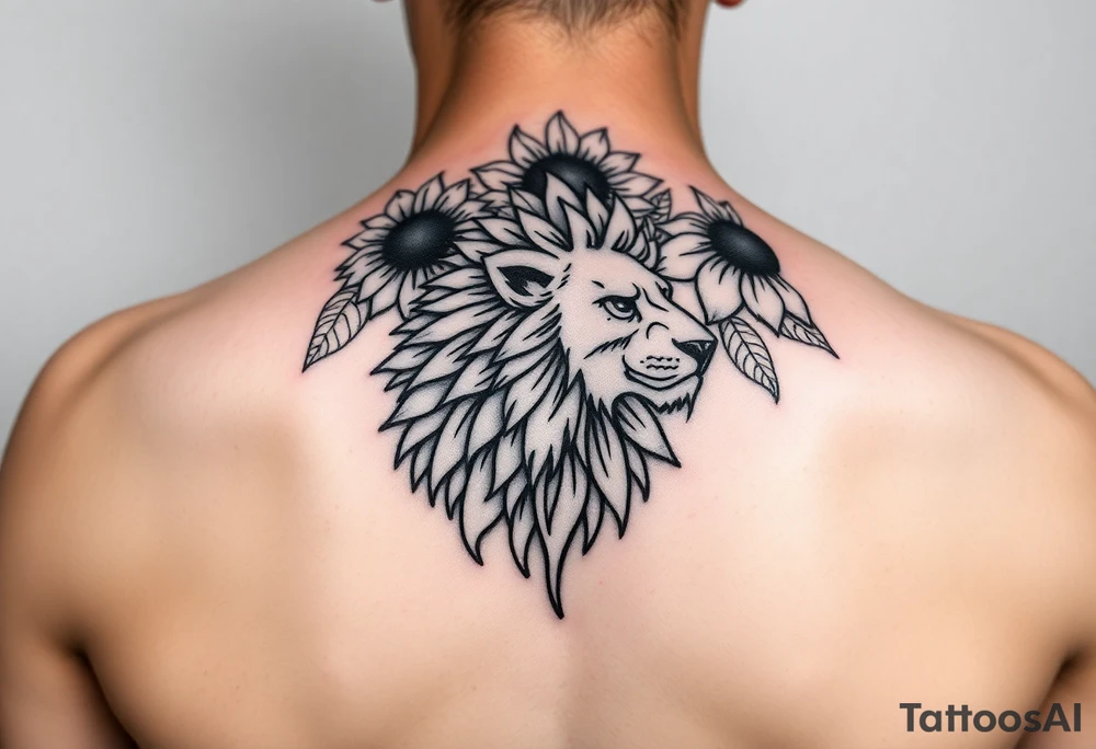 sunflower or multiple sunflowers and lion head profile tattoo idea