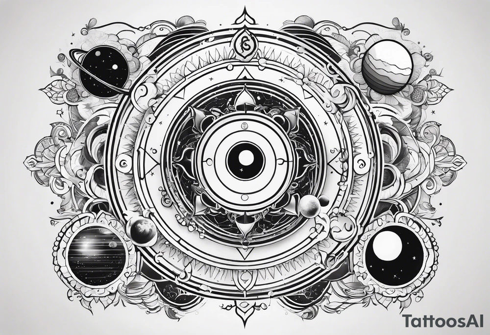 engineering and nature revolving around solar system with OM symbol in the center tattoo idea