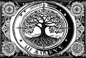 Create me a tattoo only in black with thin lines with a tree of life in the middle, a compass above with GPS coordinates, three little birds from the music "three little birds" by Bob Marley. tattoo idea