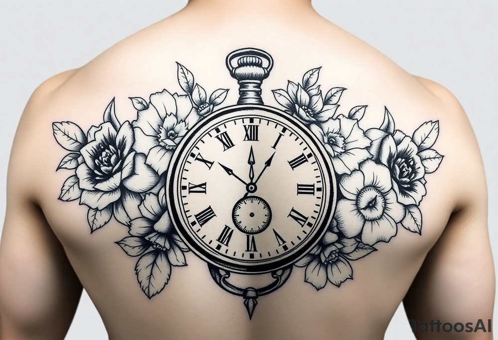 Female full sleeve black and white Mandela floral pocket watch tattoo idea
