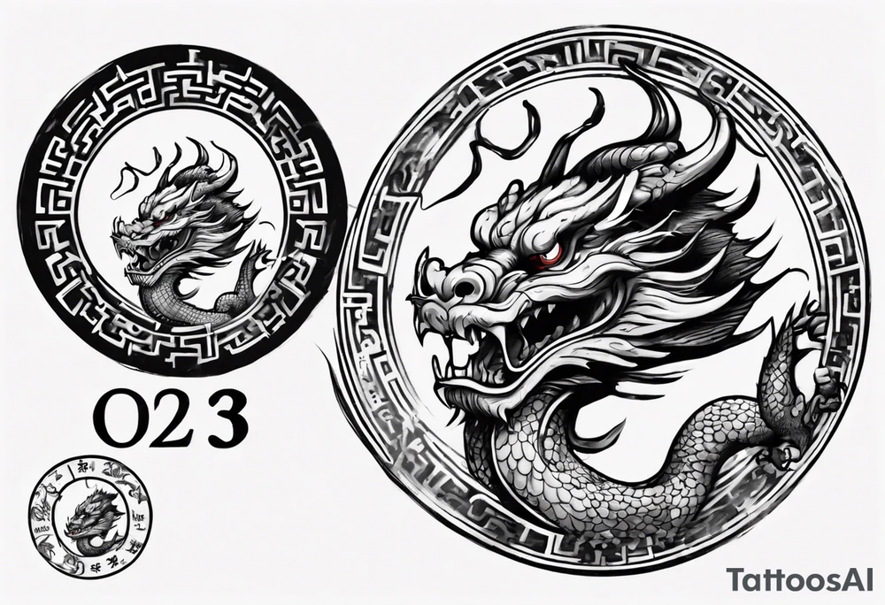 Chinese dragon in a circular shape with "02.03" written on its skin tattoo idea